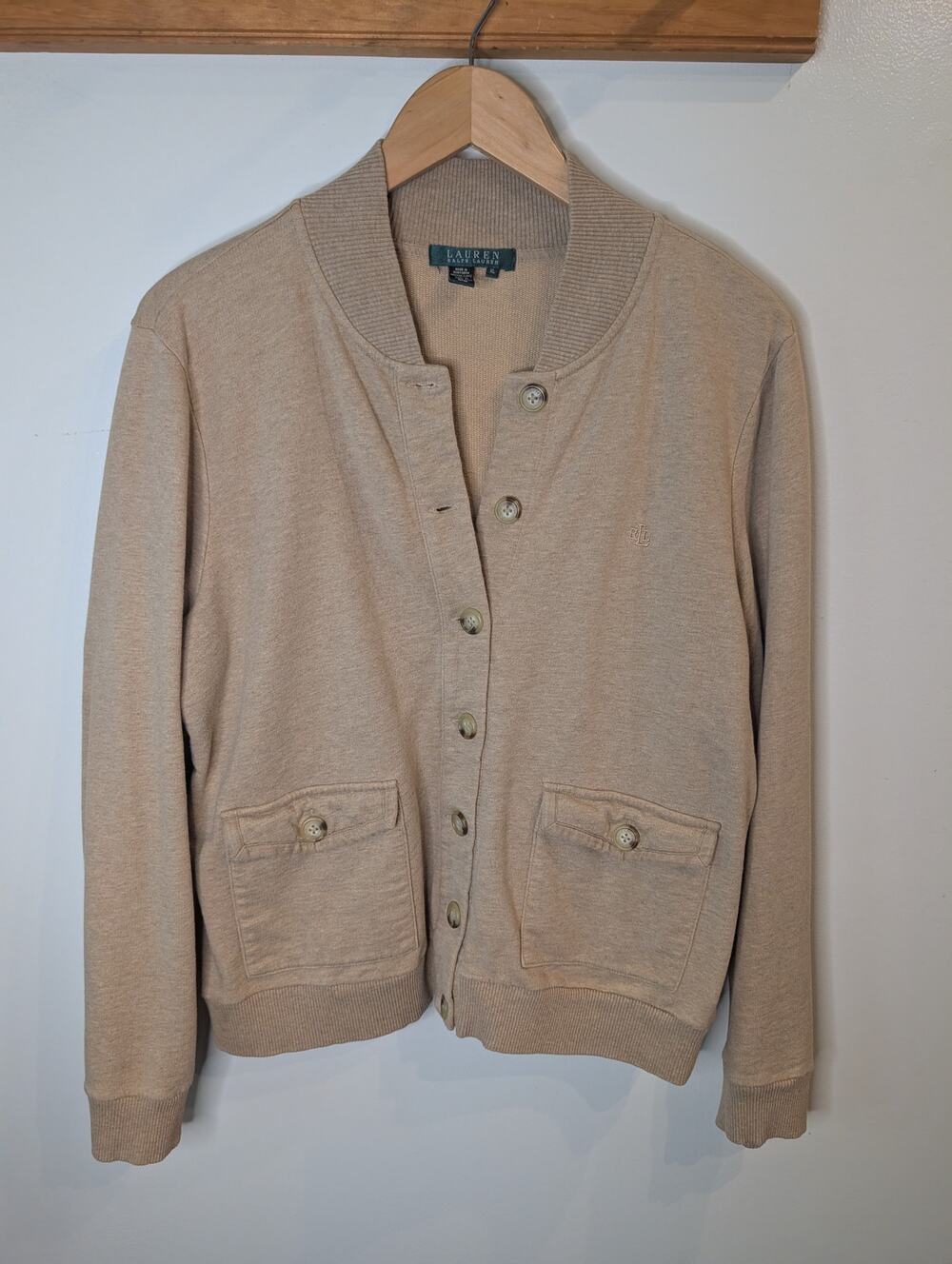 Lauren Ralph Lauren Womens Cotton Bomber Cardigan Tan Button Front Pockets XL